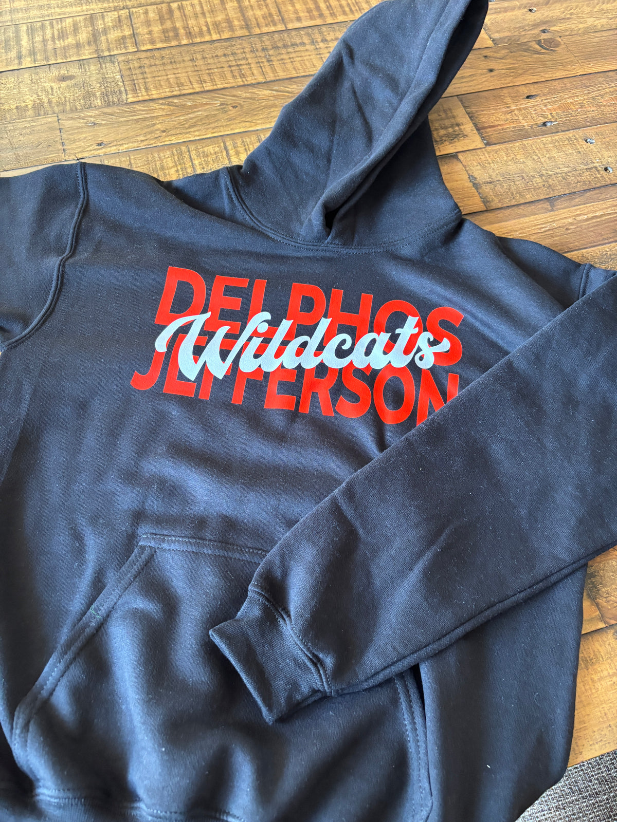 Delphos Jefferson Bold Script Font Hoodie (YS, YL)